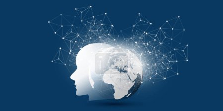 Illustration for Dark Blue Machine Learning, Artificial Intelligence, Cloud Computing, Digital Aid and Networks Design Concept with Bright White Geometric Polygonal Network Mesh and Robot Head, Face Silhouette - Royalty Free Image