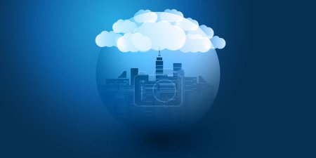 Ilustración de Dark Blue and White Smart City, Cloud Computing Design Concept with Transparent Globe and Cityscape, Edificios altos y rascacielos en el interior: conexiones de red digital, antecedentes tecnológicos modernos - Imagen libre de derechos