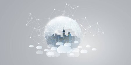 Illustration for Blue, Grey and White Smart City, Cloud Computing Design Concept with Transparent Globe and Cityscape , Tall Buildings, Skyscrapers Inside - Digital Polygonal Network Connections, Technology Background - Royalty Free Image