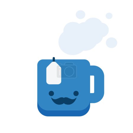 Ilustración de Taza azul con bolsa de filtro de té - Icono, silueta de objetos, elemento de diseño de vectores planos con cara sonriente y bigote - Aislado en blanco - Imagen libre de derechos