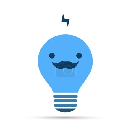 Téléchargez les illustrations : Visage masculin souriant avec moustache sur une ampoule bleue, isolé sur fond blanc - Emoji ampoule avec visage drôle, Émotion - Concept créatif d'idée - Illustration vectorielle - en licence libre de droit