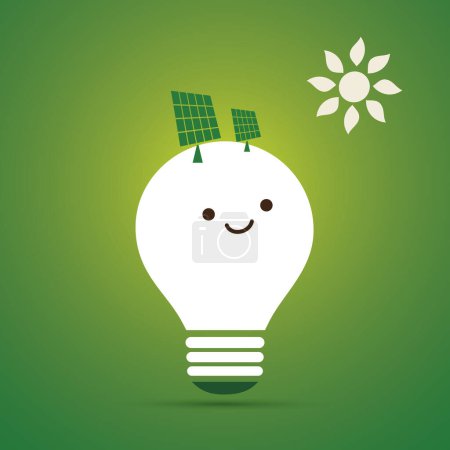Ilustración de Bombilla Sonriente Blanca sobre Fondo Verde - Bombilla Emoji con Cara Divertida, Emoción - Concepto Creativo de Idea, Energía Renovable Verde, Soluciones Eco, Energía Solar - Ilustración Vectorial - Imagen libre de derechos