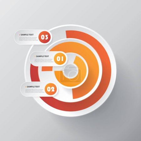 Illustration for Colorful Circular Round Concentric 3D Shape - Red, Orange and Brown Colored Visualization Template, Diagram, Graph, Infographic Design with Numbered Pie Charts on Grey Background - Royalty Free Image