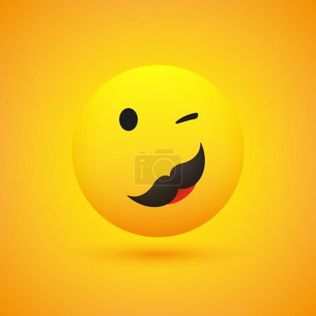 Téléchargez les illustrations : Emoji masculin souriant et clignotant avec moustache - Simple Happy Emoticon sur fond jaune - Conception vectorielle - en licence libre de droit