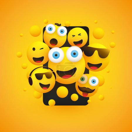 Ilustración de Muchos Emoticones Amarillos Felices Sonrientes con Varias Expresiones Faciales Delante de una Pantalla de Smartphone, Divirtiéndose Usando un Servicio de Redes Sociales, Aplicación Móvil - Ilustración de Concepto de Vector - Imagen libre de derechos