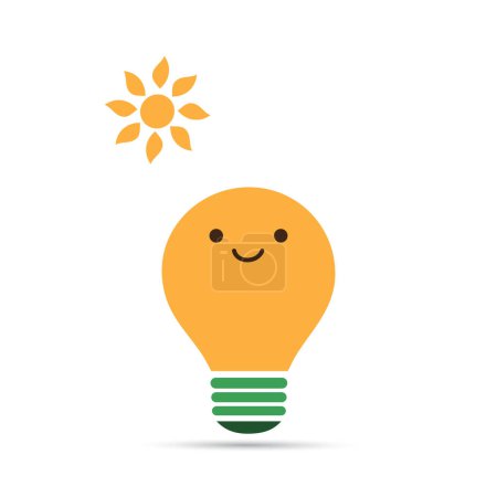 Illustration for Orange Light Bulb and Sun Isolated on White Background - Emoji Lightbulb with Funny Face, Emotion - Creative Concept of Idea, Green Renewable Energy, Eco Solutions, Solar Energy - Vetor Illustration - Royalty Free Image