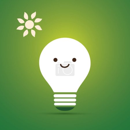 Ilustración de Bombilla sonriente blanca sobre fondo verde - Emoji bombilla con cara divertida, emoción - Concepto creativo de la idea, Energía renovable verde, Soluciones ecológicas, Energía solar - Ilustración vectorial - Imagen libre de derechos