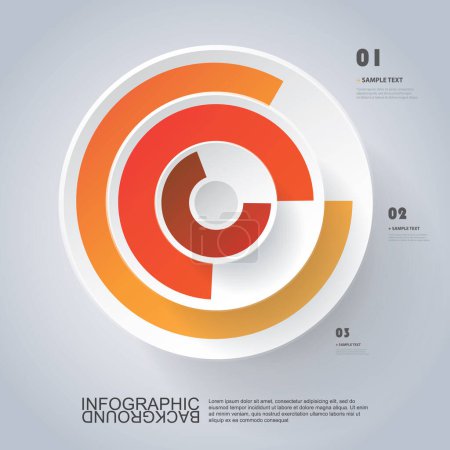 Ilustración de Forma 3D concéntrica circular colorida: plantilla de visualización de color rojo, naranja y marrón, diagrama, gráfico, diseño infográfico con gráficos de pastel numerados sobre fondo gris - Imagen libre de derechos