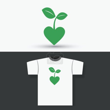 Téléchargez les illustrations : Concept d'impression de t-shirt avec éco-conception - semis poussant à partir d'un cœur - en licence libre de droit