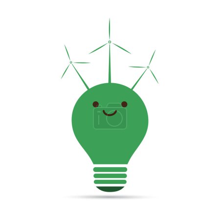 Téléchargez les illustrations : Ampoule Souriante Verte sur fond Blanc - Ampoule Emoji avec Visage Drôle, Emotion - Concept Créatif d'Idée, Energie Renouvelable Verte, Eco Solutions, Energie Eolienne - Illustration vectorielle - en licence libre de droit