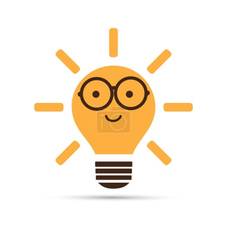 Téléchargez les illustrations : Smart Idea - Concept de conception avec brillant souriant Nerd orange ampoule Emoji portant des lunettes rondes - Conception vectorielle isolée sur fond blanc - en licence libre de droit