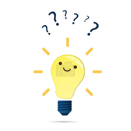 Illustration for Is It a Good Idea? - Design Concept with Shining Bright Smiling Smart Indecisive Lightbulb Emoji with Question Marks - Vector Design Template Isolated on White Background - Royalty Free Image