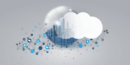 Illustration for Futuristic Smart City, Cloud Computing Design Concept with 3D Polygonal Mesh, Cluster, Nodes, Icons and White Cloud - Global Digital Network Connections Between Devices, Technology Vector Background - Royalty Free Image