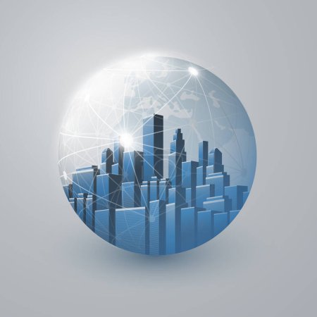 Illustration for Futuristic Blue Smart City, IoT and Cloud Computing Design Concept with Polygonal Mesh Globe, Nodes, Cityscape, Skyscrapers, Towers Inside - Digital Network Connections, Grey Technology Background - Royalty Free Image