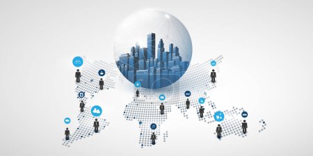 Illustration for Modern Style Global Networks, Worldwide Business, IT Connections - Social Media Concept Design with Globally Connected People, Figures Icons, City in a Globe and Spotted 3D World Map - Vector Template - Royalty Free Image