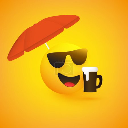Ilustración de Emoji Feliz Temporada de Verano Sonriente con Gafas de Sol, Taza de Cerveza y Sombra Roja - Vector Illustration - Imagen libre de derechos