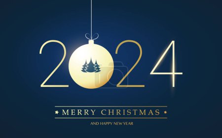 Illustration for Golden Merry Christmas and Happy New Year Greeting Card with Pine Tree on a Christmas Ball, Creative Design Template for Best Wishes Cards, Year 2024 - Royalty Free Image