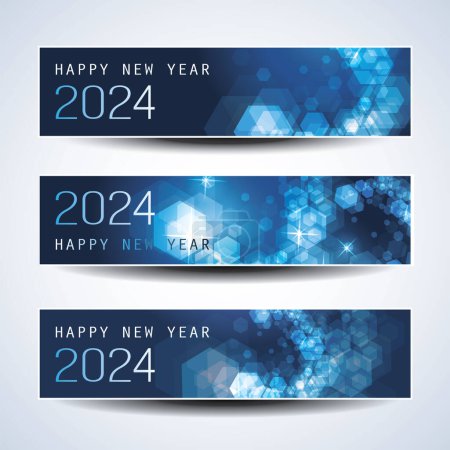 Illustration for Set of Sparkling Shimmering Ice Cold Blue Horizontal Christmas, Happy New Year Headers or Banners for Web, Vector Design Template - 2024 - Royalty Free Image