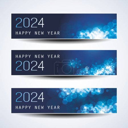 Illustration for Set of Sparkling Shimmering Ice Cold Blue Horizontal Christmas, Happy New Year Headers or Banners for Web, Vector Design Template - 2024 - Royalty Free Image