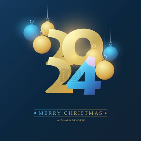 Golden and Blue Merry Christmas and Happy New Year Greeting Card with Christmas Balls, Creative Design Template - 2024