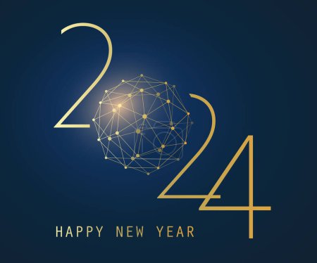 Téléchargez les illustrations : Carte de vœux de bonne année de style moderne doré et bleu foncé, modèle de conception vectorielle créative avec globe polygonal - 2024 - en licence libre de droit