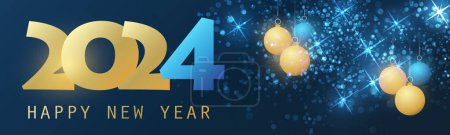 Téléchargez les illustrations : Résumé Noël horizontal brillant doré et bleu, en-tête ou bannière du Nouvel An, design vectoriel flou avec boules de Noël pour l'année 2024 - en licence libre de droit
