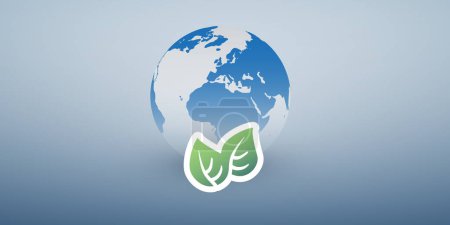 Illustration for Blue Global Eco World Concept, Graphic Design Layout - Green Leaves and Earth Globe, Vector Template on Wide Scale Gradient Background - Royalty Free Image