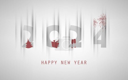 Illustration for Best Wishes - Simple Grey and Red New Year Card, Cover or Background Design Template With Christmas Tree, Gift Box, Drinking Glasses And Fireworks - 2024 - Royalty Free Image