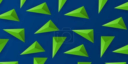 Illustration for Lots of Green Triangle and Diamond 3D Shapes Texture - Geometric Mosaic Pattern on Dark Blue Background, Vector Design Template - Royalty Free Image