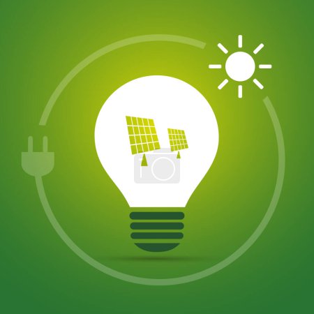 Téléchargez les illustrations : Ressources durables, renouvelables, réutilisables Concept d'énergie solaire verte avec soleil et cordon électrique autour d'une ampoule avec des cellules solaires Symboles à l'intérieur Illustration en format vectoriel modifiable - en licence libre de droit