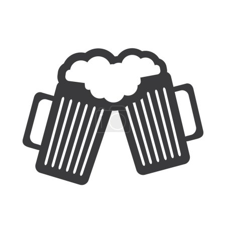 Téléchargez les illustrations : Flat Icon Design - Deux tasses à bière noires remplies de boisson mousseuse - Icône isolé sur fond blanc - en licence libre de droit