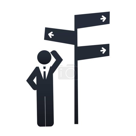 Illustration for Which Way to Choose? - Business Decision Design Concept - Businessman Figure Scratching His Head While Standing Beside a Road Sign - Isolated Black and White EPS10 Vector Illustration - Royalty Free Image