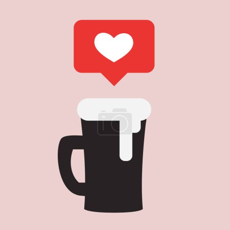 Téléchargez les illustrations : Icône Design - Tasse à bière remplie de boisson mousseuse - Concept pour la messagerie avec une bulle d'expression rouge et le cœur - en licence libre de droit