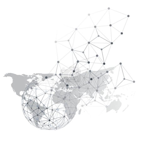 Ilustración de Concepto de redes globales en blanco y negro con mapa mundial y marco de alambre: conexiones de red poligonales digitales, antecedentes científicos y tecnológicos, plantilla de diseño creativo aislada sobre fondo blanco - Imagen libre de derechos