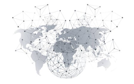Ilustración de Concepto de redes globales en blanco y negro con mapa mundial y marco de alambre: conexiones de red poligonales digitales, antecedentes científicos y tecnológicos, plantilla de diseño creativo aislada sobre fondo blanco - Imagen libre de derechos