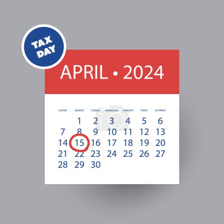 Illustration for Tax Day Reminder Concept, Calendar Page with Clock - Vector Design  Element Template Isolated on White Background - USA Tax Deadline, Due Date for IRS Federal Income Tax Returns: 15th April, Year 2024 - Royalty Free Image