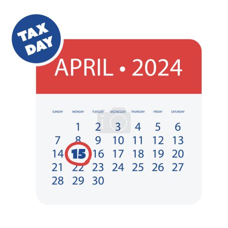 Tax Day Reminder Concept, Calendar Page with Clock - Vector Design  Element Template Isolated on White Background - USA Tax Deadline, Due Date for IRS Federal Income Tax Returns: 15th April, Year 2024