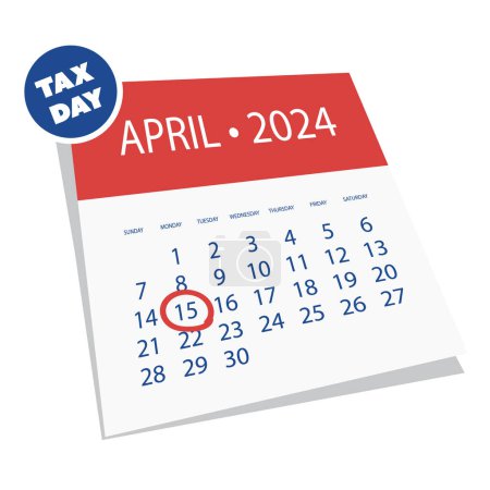 Tax Day Reminder Concept, Kalenderseite mit Uhr - Vektor Design Element Template auf weißem Hintergrund isoliert - USA Tax Deadline, Fälligkeitsdatum für IRS Federal Income Tax Deklaration: 15. April, Jahr 2024