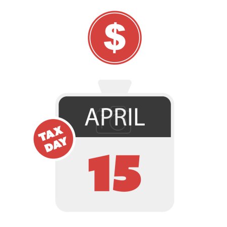 Tax Day Reminder Concept, Kalenderseite mit Uhr - Vektor Design Element Template auf weißem Hintergrund isoliert - USA Tax Deadline, Fälligkeitsdatum für IRS Federal Income Tax Deklaration: 15. April, Jahr 2024