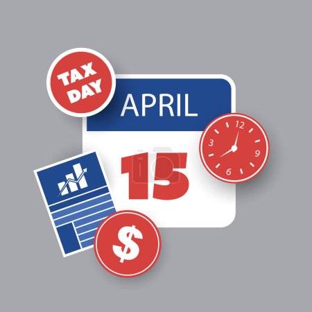 Illustration for Tax Day Reminder Concept, Calendar Page with Clock - Vector Design  Element Template Isolated on White Background - USA Tax Deadline, Due Date for IRS Federal Income Tax Returns: 15th April, Year 2024 - Royalty Free Image