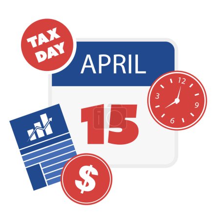 Tax Day Reminder Concept, Calendar Page with Clock - Vector Design Element Template Aislado sobre fondo blanco - USA Tax Deadline, Due Date for IRS Federal Income Tax Returns: 15th April, Year 2024
