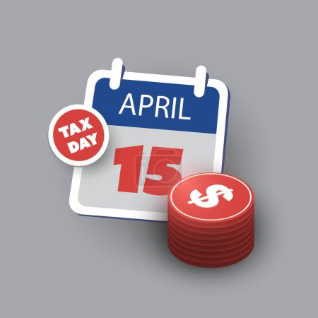 Téléchargez les illustrations : Concept de rappel de jour d'impôt, Page du calendrier avec horloge - Modèle d'élément de conception vectorielle isolé sur fond blanc - Échéance fiscale des États-Unis, date d'échéance pour les déclarations de revenus fédérales de l'IRS : 15 avril 2024 - en licence libre de droit