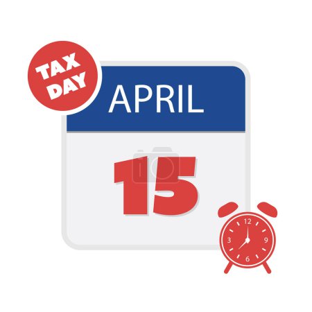 Concept de rappel de jour d'impôt, Page du calendrier avec horloge - Modèle d'élément de conception vectorielle isolé sur fond blanc - Échéance fiscale des États-Unis, date d'échéance pour les déclarations de revenus fédérales de l'IRS : 15 avril 2024