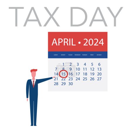 Téléchargez les illustrations : Concept de rappel de jour d'impôt, Page du calendrier avec horloge - Modèle d'élément de conception vectorielle isolé sur fond blanc - Échéance fiscale des États-Unis, date d'échéance pour les déclarations de revenus fédérales de l'IRS : 15 avril 2024 - en licence libre de droit