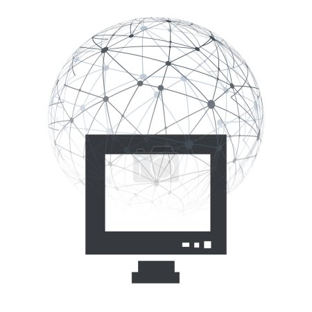 Foto de Computación en la nube abstracta y diseño de conceptos de conexiones de red globales con globo Wireframe, monitor de computadora, malla geométrica transparente sobre fondo blanco - Ilustración aislada, formato vectorial - Imagen libre de derechos
