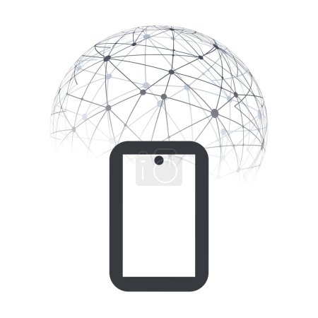 Illustration for Abstract Cloud Computing and Global Network Connections Concept Design with Mesh Globe, Wireless Mobile Device, Transparent Geometric Mesh on White Background - Isolated Illustration, Vector Format - Royalty Free Image