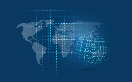 Ilustración de Abstracto Azul Oscuro Estilo Mínimo Computación, Estructura de Redes, Diseño de Conceptos de Telecomunicaciones, con Conexiones de Red, Mapa del Mundo, Globo y Red Transparente, Malla Geométrica - Ilustración Vectorial - Imagen libre de derechos