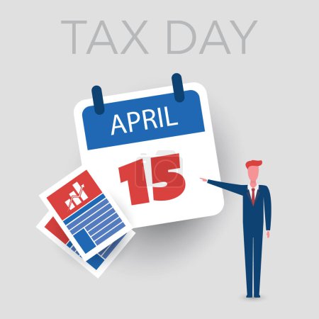 Illustration for Tax Day Reminder Concept  Design - Attention, Businessman Pointing to a Paper Calendar Page - USA Tax Payment Deadline, Due Date for IRS Federal Income Tax Returns: 15th April, Year 2024 - Royalty Free Image