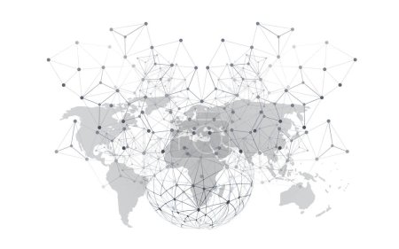 Téléchargez les illustrations : Concept de réseaux mondiaux en noir et blanc avec carte du monde et cadre métallique Connexions de réseaux polygonaux numériques, contexte scientifique et technologique, modèle de conception créative isolé sur fond blanc - en licence libre de droit