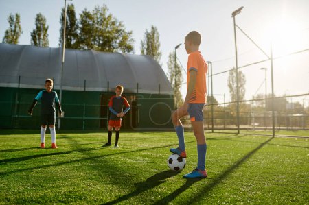 Photo for Young boys in sports soccer club on training unit improving skills on natural turf grass pitch - Royalty Free Image